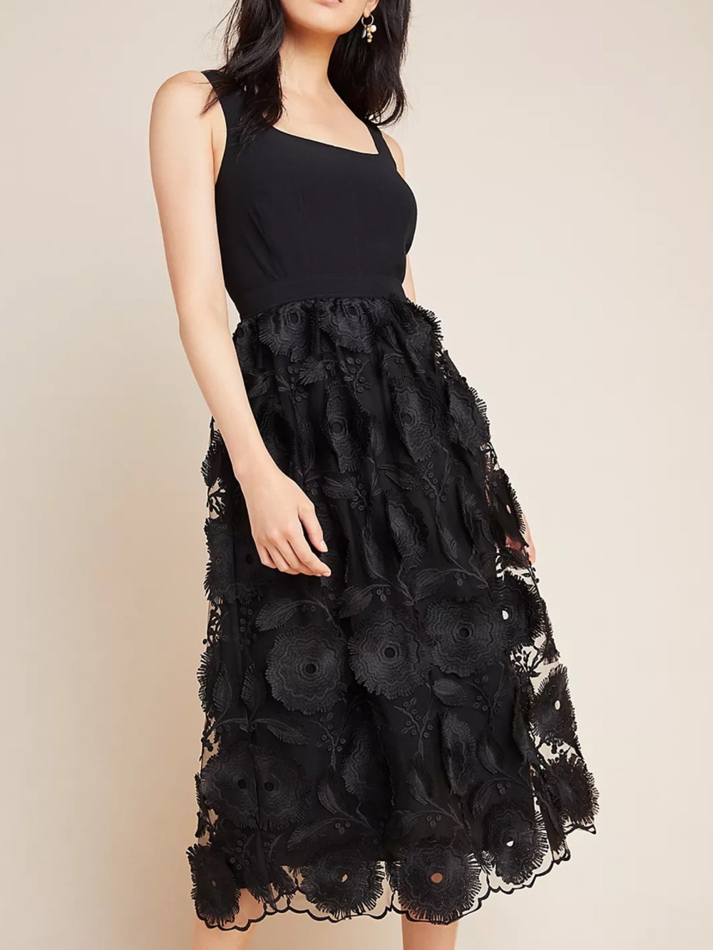 Anthropologie Floriana Lace Midi Dress Black Floral Appliqué Flower